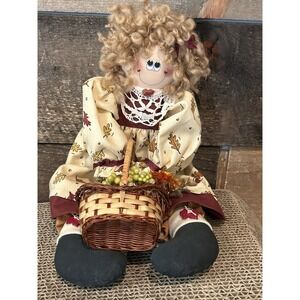 Vintage Handmade Doll With Basket Grapes Country Farmhouse